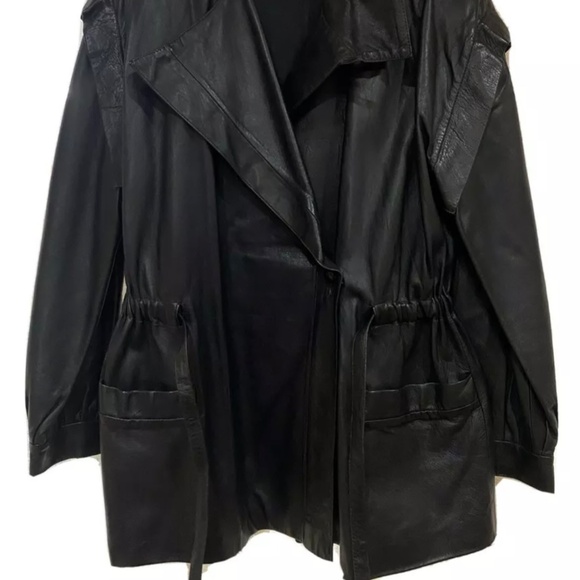Bloomingdales 90's Y2K black leather jacket ~ Wide Lapel, Waist Length M Oversiz - Picture 2 of 7